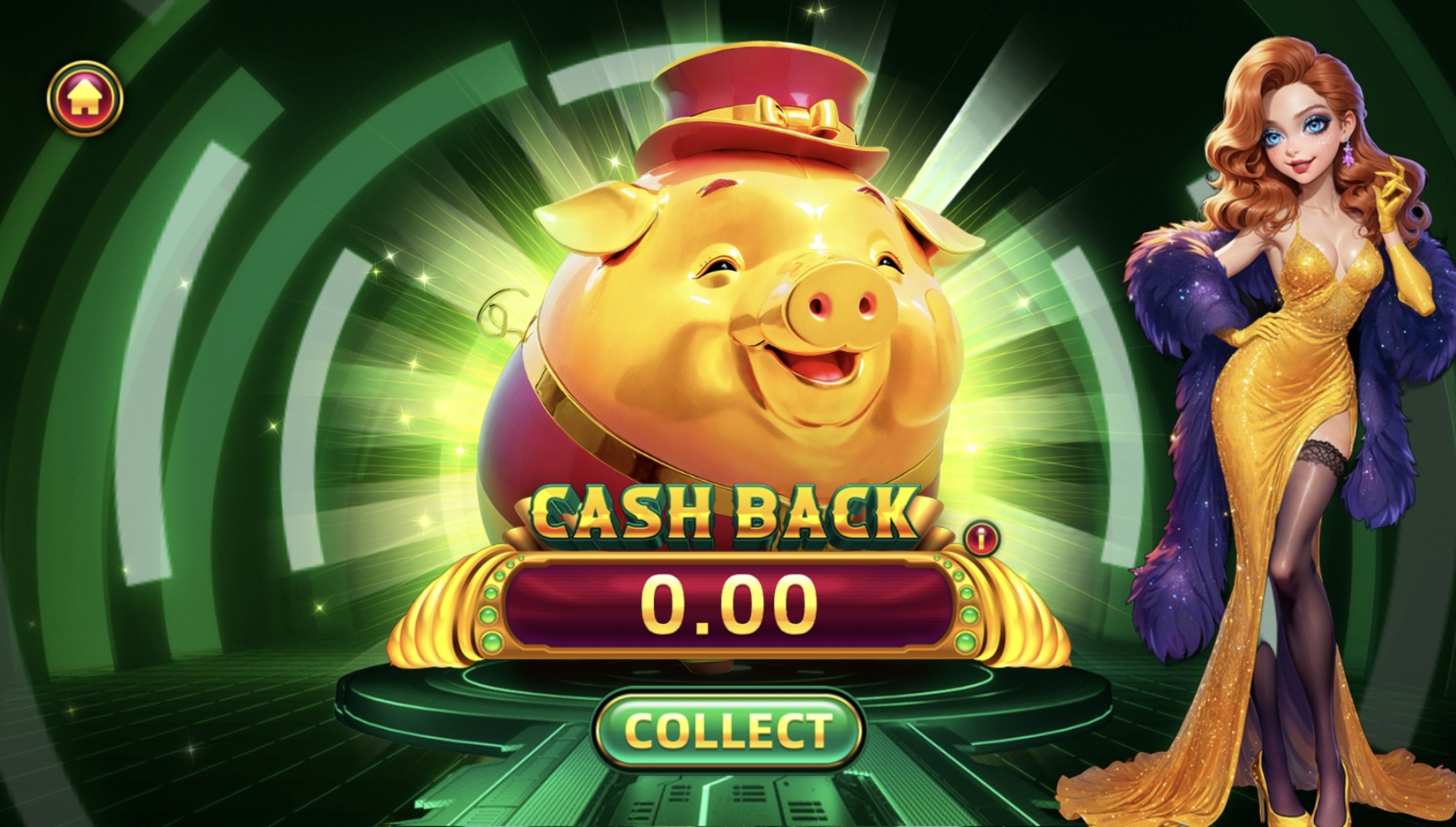 Fire Kirin cash back screen with a gold pig, a zero balance, and a Collect button