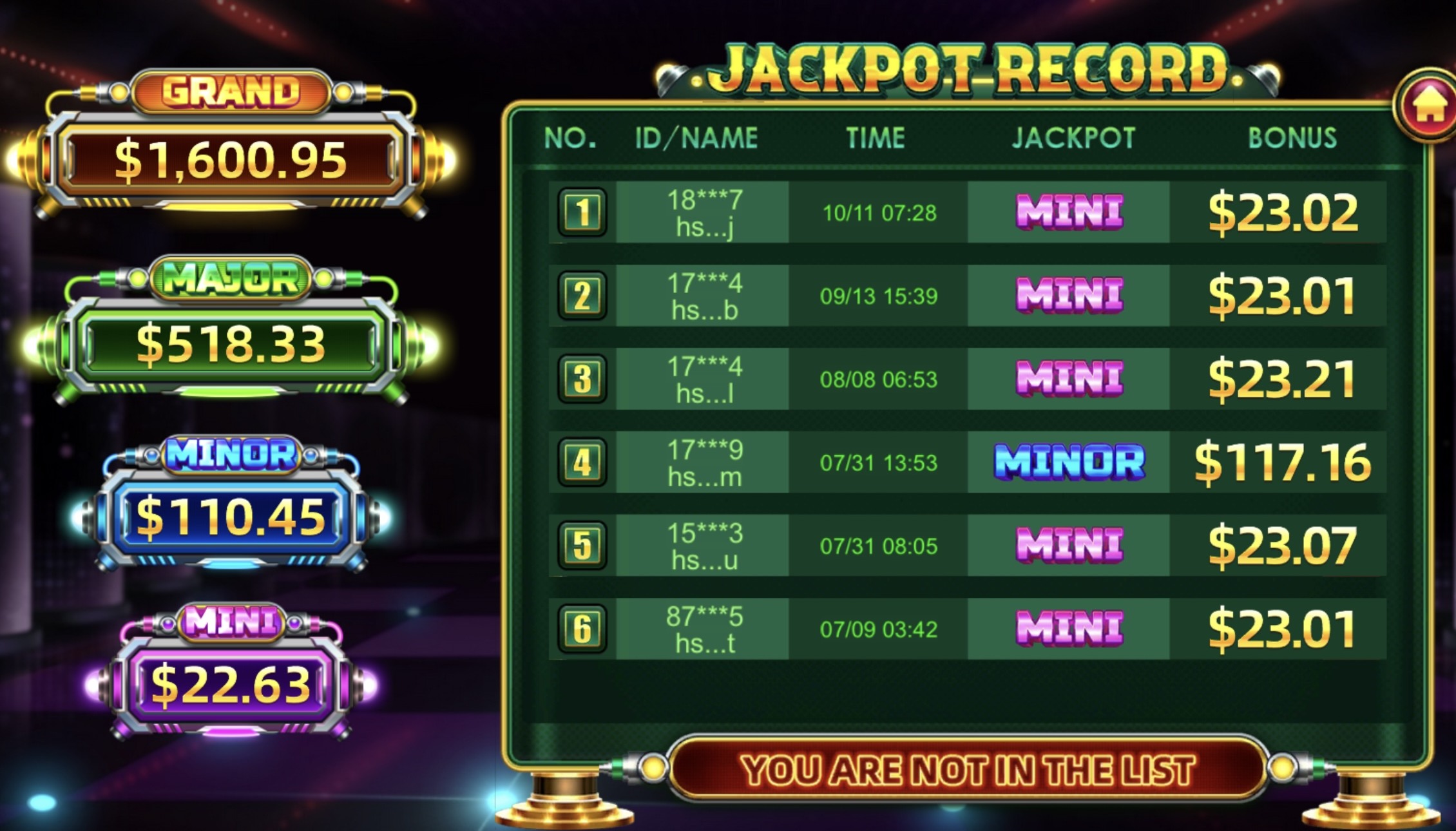 Fire Kirin jackpot board with Grand, Major, Minor, and Mini meters beside the record of recent hits