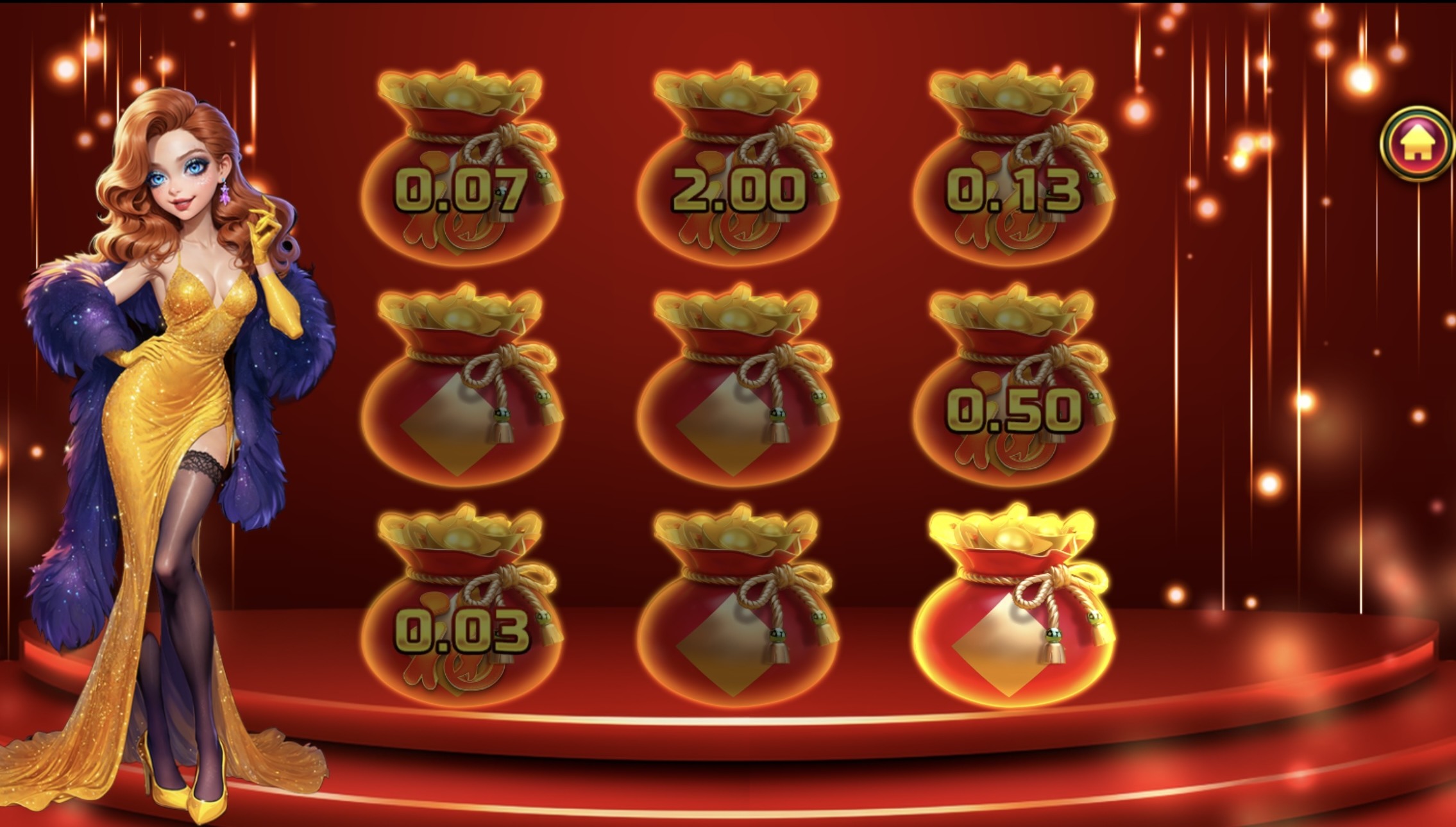 Fire Kirin lucky bag bonus with opened money pouches showing small prize amounts